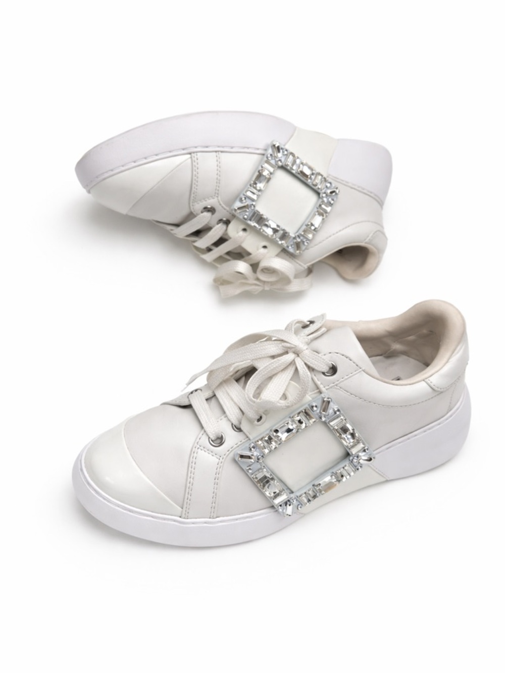 Roger Vivier Sneaky Viv White Leather Crystal Buckle Sneakers EU 37